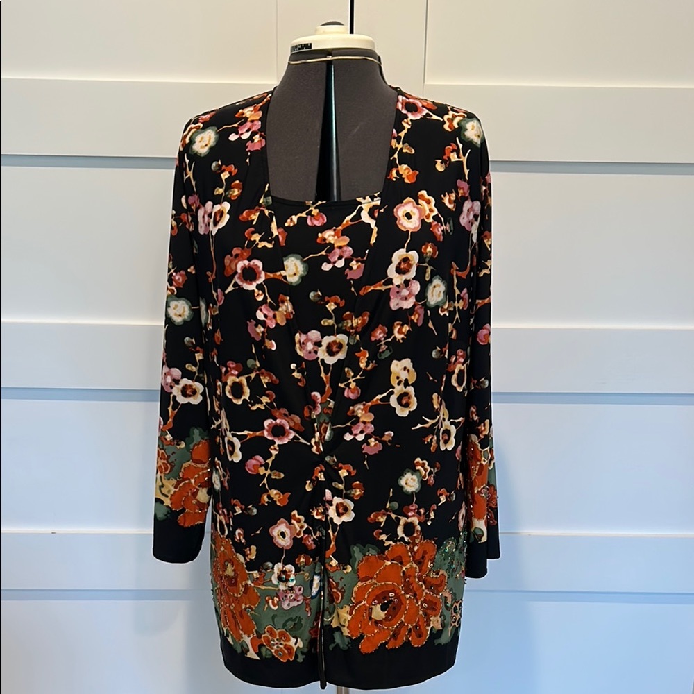 Alex Evenings Black and Orange Embellished 2 Piece Tank and Jacket. Size L